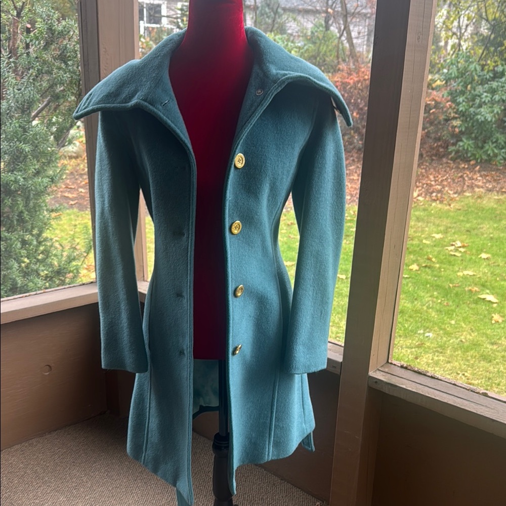 COACH Wool Mohair Teal Belted Peacoat Gold Color Buttons - XS